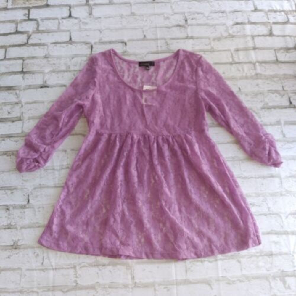 Weavers Womens Blouse Juniors Medium Purple Floral Lace 3/4 Sleeve Elastic Waist